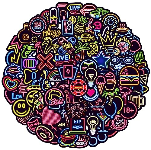 100Pcs Cool Neon Stickers for Adults Teens, Waterproof Vinyl Stickers for Bike Laptop Suitcase Scrapbooking Skateboard Helmet Guitar Car Phone Retro Graffiti