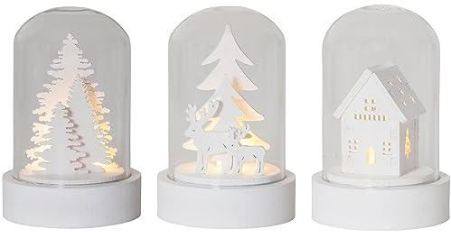 EGLO LED Weihnachtsdeko, 3er-Set Deko-Glasglocken, Winterlandschaft batteriebetrieben mit Licht, Tischdeko Weihnachten aus weißem Holz und Glas, warmweiß, 5,5 x 8,5 cm
