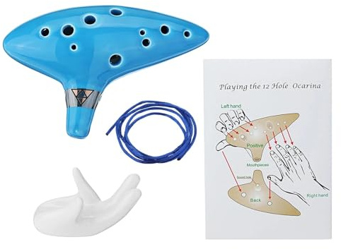 Instrumento Musical de viento de flauta de recipiente de cerámica Ocarina Alto C de 12 agujeros con soporte de exhibición de cordón de libro de música for principiantes (Color : Blue)