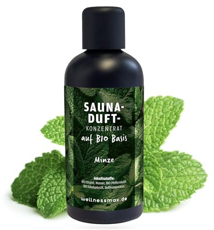 Wellnessmax Bio Sauna-Aufguss Minze Saunaöl auf Bio-Basis 100 ml I Premium Sauna Aufgussmittel für für Saunen, Aromaschalen, Kräuterbäder und Dampfbad ein 100% natürlicher Saunaduft