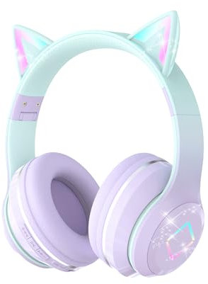YOYOTUNE Bluetooth Kids Headphones,Cat Ear LED Light Up Kids Wireless Headphones,Bluetooth 5.1&Stereo Sound, Foldable,Adjustable Headband,Children Headphone with Microphone for School/Tablet (Purple)