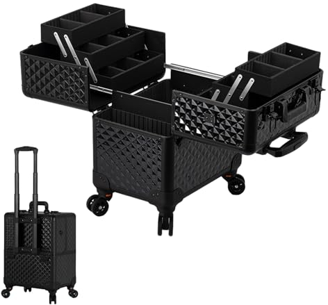 Make Up Koffer Professionell Schminkkoffer Kosmetikkoffer Alu Beauty Case Professionelle Makeup Organizer Tasche Schminktasche Train Case Trolley Makeup Organizer, Mit 4 Rollen, Schwarz