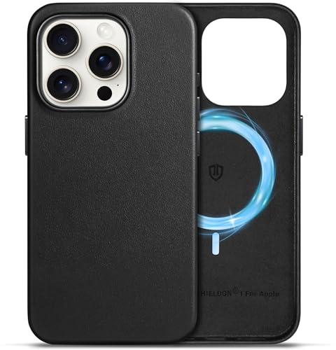 SHIELDON Lederhülle für iPhone 15 Pro 6,1 5G 2023, Schwarz | Echtleder, Kabelloses Laden, Stark Magnetkraft, Anti-Fingerabdruck, Kratzfest, Dünn Schutzhülle, Lederhülle, Handyhülle