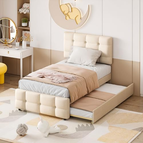 MQLAE Polsterbett 90 x 200 cm, ausziehbares Kinderbett mit verstellbares Kopfteil, Weiches Rückenkissen, Leinenstoff, flaches Einzelbett Jugendbett Gästebett, Ohne Matratze, Beige