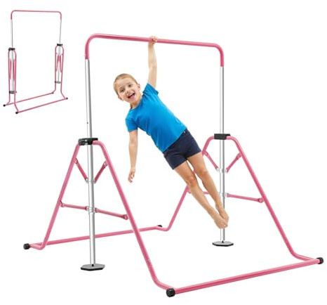 OUBUBY Fun Turnstange, Klappbare Reckstange Jugendtrainingsstange Kinderturn Reckstange Multifunktionale Trainingsstange für Den Heimgebrauch Geeignet für Kicks Swings Krafttraining (Rosa)