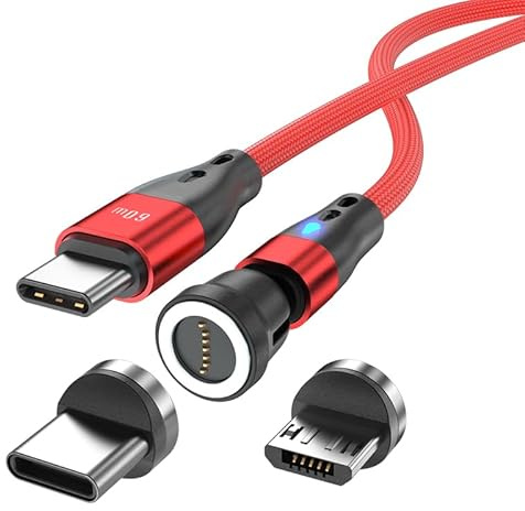 Magnetisches Ladekabel USB C auf USB Type C/Micro USB Magnetkabel PD 60W Schnellladung 1M/2M 540° Drehung 2-in-1 Magnet USB kabel für Android Micro USB Type C Smartphone Tablette Laptop(1m rot)