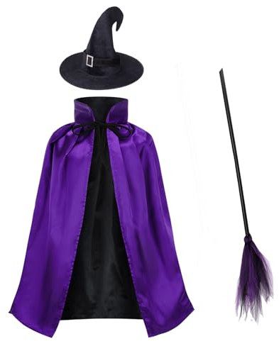 maxToonrain Wizard Costume Kids 4-5,Child's Black Cape Halloween Costumes Reversible Cloak with Wizards Hat Witch Broomstick Masquerade Party Role Playing Fancy Dress for Boys/girl(Purple,80)