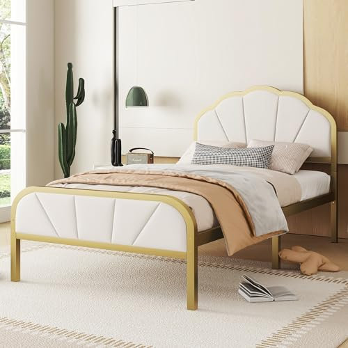 Metallbett 90 x 200cm, Modern Bettrahmen mit Hohem Kopfteil, wolkenähnliches, Minimalistischer Jugendbett Doppelbett mit Lattenrost, für Schlafzimmer Gästezimmer, Gold + Weiß