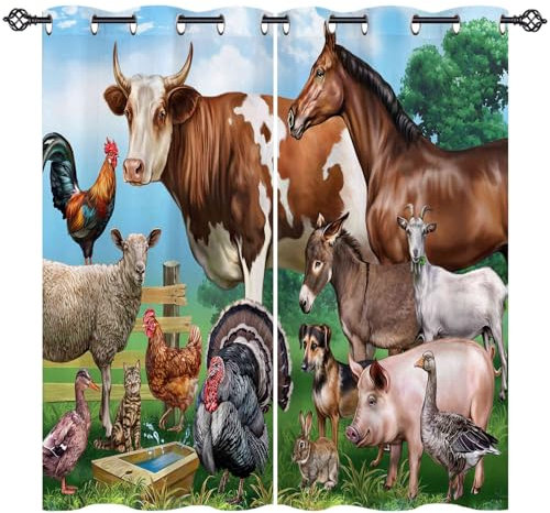 ANHOPE Bauernhof Kuh Pferd Schaf Schwein Blickdichte Gardinen mit Ösen Weich Thermo Vorhänge Wohnzimmer Schlafzimmer Verdunklungsvorhänge 2er Set H 138 x B 107 cm