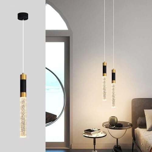 Lámpara colgante de mediados de siglo en negro y dorado con LED de 3000 K y burbuja: lámpara colgante de tubo largo vintage, lámpara de araña de estilo rústico for vestíbulo, escalera, dormitorio, isl