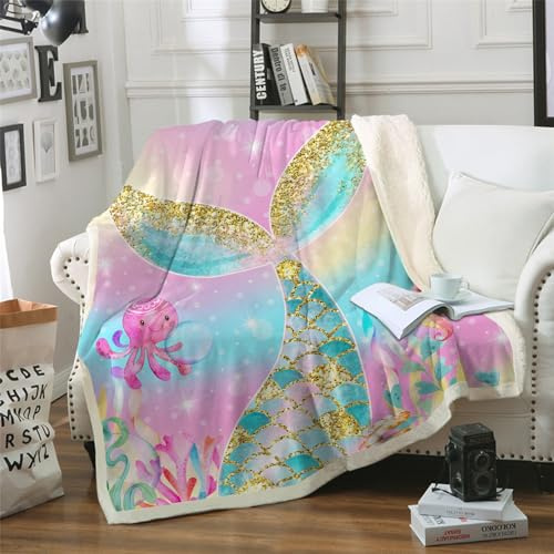 HAVOP Mermaid Blanket Throw Girls Sherpa Fleece Blanket | Kids Girls Throw Blanket, Pink Sparkling Rainbow Mermaid Tail Printed, Soft Bed Blanket, Girls Room Decor, Mermaid Bedding