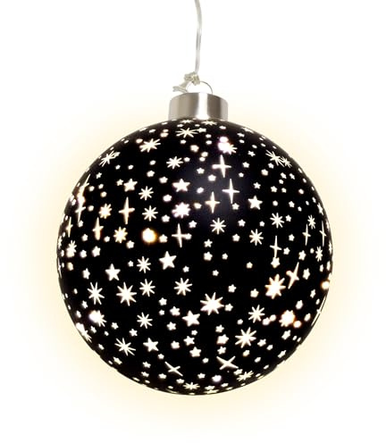 Spetebo LED Weihnachts Glaskugel Sterne schwarz matt mit Timer - 12 cm - Deko Kugel warm weiß beleuchtet Batterie betrieben - Advent Winter Stimmungslicht Christbaumkugel edel elegant
