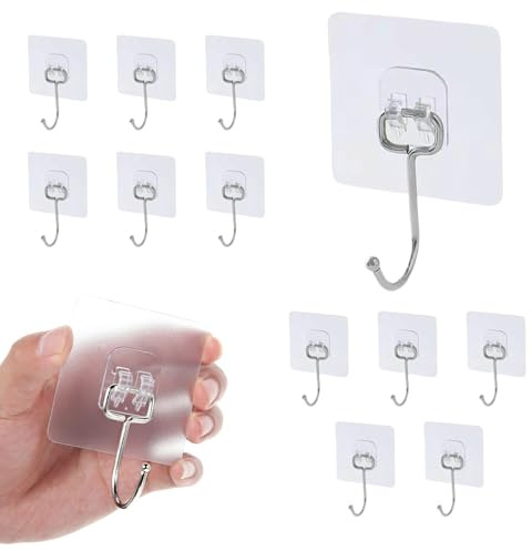 12 Pcs Self Adhesive Hooks Heavy Duty 44 lb/ 20kg (Max), Removable Hooks Sticky on Wall for Hanging, Waterproof Rustproof Towel and Coats Hooks for Bathroom Kitchen Office,Wardrobe Hooks