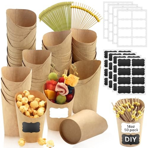 Bayurht 50 Sets 12 oz Charcuterie Cups with Sticks 210 PCS Individual Disposable Charcuterie Cups with Cocktail Picks Kraft Paper French Fry Brown Paper Appetizer Cup for French Fry