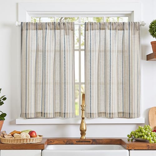 TOPICK Rideaux Cuisine Brise Bise Court Lin pour Cache Placard Chambre Adult,Rodeau à Rayures Bleu 65 x 90cm, Brise-Bise Moderne Translucide à Passe Tringle pour Evier Fenêtre Chambre Salon 2 Panneaux