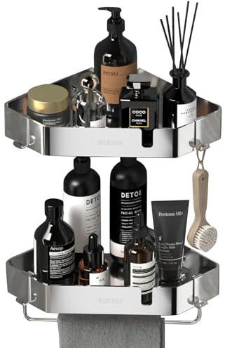 HYSHLC 2 Tiers Corner Shower Caddy, Self Adhesive Stainless Steel Bathroom Corner Shelves, 2 Installation Methods Wall Mounted Shower Organiser with Movable Hooks Towel Bar