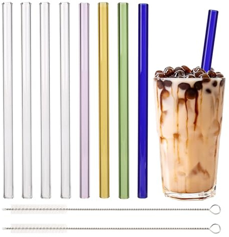 8STK Bubble Tea Strohhalme mit 2 Bürste, 12mm Breit Glasstrohhalme 215mm Lang Glas Strohhalm Durchsichtig Bunt Glasröhrchen Trinkhalme Wiederverwendbare Strohhalme Smoothie Säfte, Spülmaschinenfest