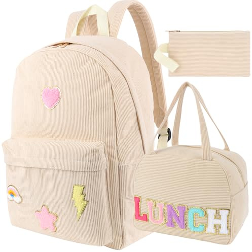 Kolewo4ever 3 Pieces Corduroy School Backpack Set Preppy Book Corduroy Chenille Letter Bookbag with Lunch Bag and Pencil Pouch for Teen Girls Women Laptop Backpack College Bookbags