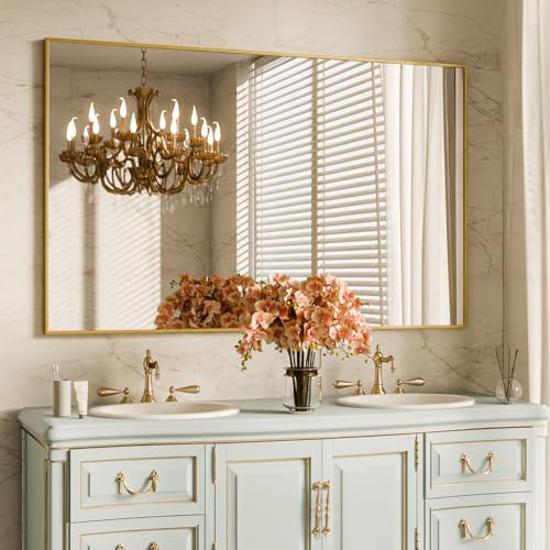 BEAUTYPEAK Specchio da parete rettangolare, 120 x 75 cm, con cornice in alluminio dorato, infrangibile, per bagno, camera da letto, soggiorno, rettangular Bathroom Mirror