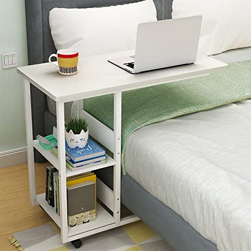 Scrivania mobile mobile con ripiani portaoggetti, scrivania bianca per casa e ufficio per piccoli spazi, tavolo portatile per computer con ruote, postazione di lavoro ideale per camere da letto e