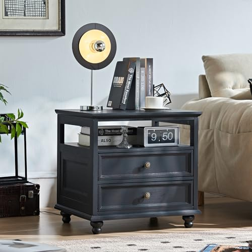 LELELINKY Schwarzer Nachttisch im Landhausstil, 61 cm breiter Beistelltisch mit 2 Schubladen, Kommode für Schlafzimmer, Nachttisch, Kommode, Schrank, geeignet für Schlafzimmer, Wohnzimmer