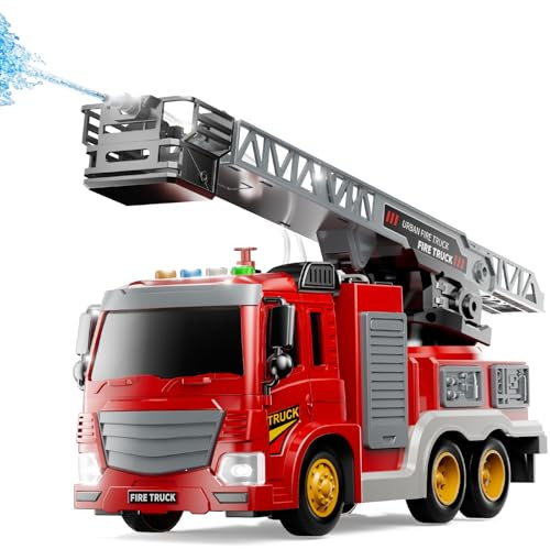 TEMI Fire Truck Playset Toy for Kids 3 4 5 6 7 8 Years Old - Vehicle Playset with Rotating Ladder, Sound and Light, City Cars Toys for Boys 5-8, Birthday Gifts for Girls Toddlers 3+