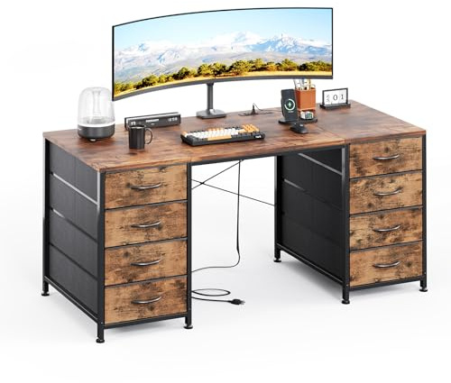 MUTUN 120cm Computer Desk with 8 Drawers, Home Office Desk with Power Outlets, Modern Table with Large Storage for Writing, Study, Rustic Brown