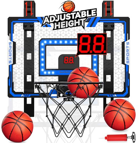 Förbättrad barnbasketkorg inomhus, höjdjusterbara basketkorgar över dörren, mini basketkorg med LED-ljus/skärm/3 bollar (blå basketkorg)