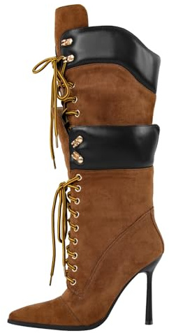Richealnana Women's Double Lace Pointed Toe Stilettos Straps Up Strappy Knee High Boots Sexy Slim Heel Fashion Cool Biker Cosplay Mid Calf Booties Suede Brown US 8