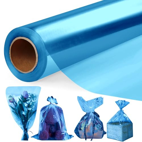GIBOHOM 43 CM x 30 M Blu Cellophane per Imballaggio, 3 Mils Carta Trasparente per Confezioni Rotolo Carta Regalo, Cellofan per Imballaggio per Fiori, Caramelle, Cesti, Frutta, Imballaggi Artistici