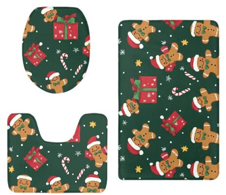 Bad Teppiche Set Dunkelgrüne Weihnachten Badezimmerteppich Waschbar WC Vorleger mit Ausschnitt und WC Deckelbezug 3 Teilig Badematte rutschfest Toilettensitzbezug Badgarnitur 45x75 cm