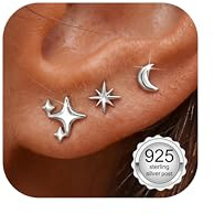 Finrezio 3 Paar Medizinische Ohrstecker Silber 925 Damen Hypoallergene | Ohrringe Stecker Stern Mond Klein Mini Flatback Ohrstecker mit Flachem Verschluss Piercing Ohr Schmuck Gold/Silber/Rosegold