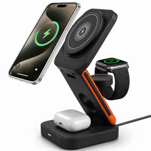 Chargeur sans Fil Magnétique 15W Pliable 3 en 1, Station de Charge USB C | Compatible avec iPhone 17/16/15/14/13/12/Max/Plus, Apple Watch 10/9/8/7/6/5/Ultra/SE, AirPods 4/3/2/Pro
