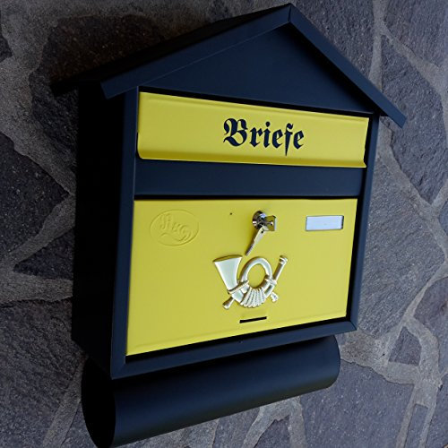 Großer Briefkasten/Postkasten XXL Schwarz/Gelb Matt mit Zeitungsrolle Zeitungsfach Spitzdach Zeitungsrohr Bicolor