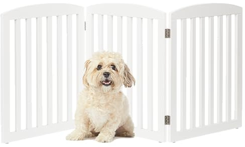 PAWLAND Wooden Freestanding Foldable Pet Gate for Dogs, 24 inch 3 Panels Step Over Fence, Dog Gate for The House, Doorway, Stairs, Extra Wide (White, 24 Height-3 Panels)