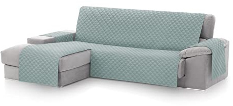 Textilhome Copridivano Chaise Longue con Penisola Malu 240cm – Salvadivano Trapuntato Universale con Bracciolo Sinistro, Protezione per Animali Domestici, Colore Acquamarine (Visto da Davanti)