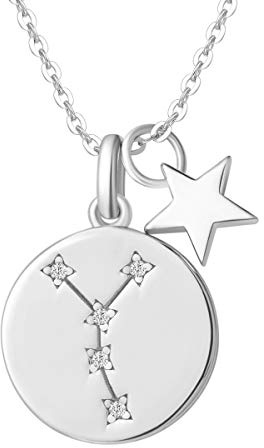 Sternzeichen Kette aus Solide 925 Sterling Silber mit Weiß Vergoldet 15mm Durchmesser Anhänger Halskette Einfach Minimalistisch Geschenk Schmuck für Damen Mädchen - Verstellbar Kettenlänge: 40 + 5 cm