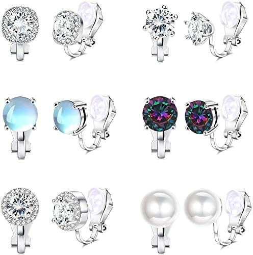 LOLIAS 6 Paar Silber Clip Ohrringe für Damen & Mädchen - Nicht Durchbohrt, Kubischer Zirkon & Mondstein, Regenbogen Perle Clip Ohrringe - Hypoallergen Hochzeit Set