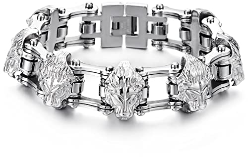COOLSTEELANDBEYOND Schwere Herren Fahrradkette Motorradkette Wolfskopf Armband aus Edelstahl Farbe Silber Hochglanz poliert