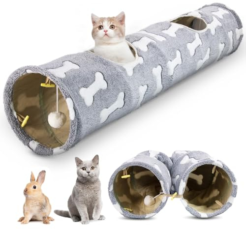 Ipetstation Gerade Katzentunnel für Indoor-Katzen, Katze Plüsch Faltbarer Tunnel mit Katzenspielzeug Ball für Indoor Kätzchen (Knochen)