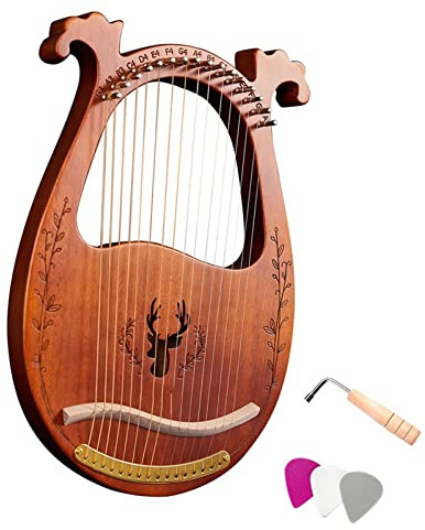 16-saitiges Holz-Lyra-Harfe-Saiteninstrument mit Stimmschlüssel, 3 Stück Picks, Lyra-Harfe für Anfänger