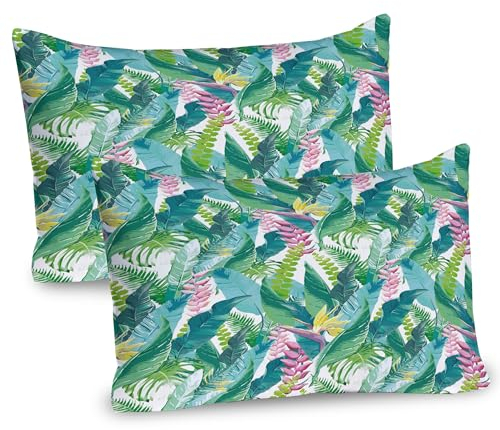 ABAKUHAUS Blatt Kissenbezug Packung mit 2, Sommer-Frühling in exotischer Insel mit Blumen Plumeria-Flieder-Bild, Dekorativer Standard Gedruckter Kissenbezug, 80 x 40 cm, Gelb Grün Hellblau