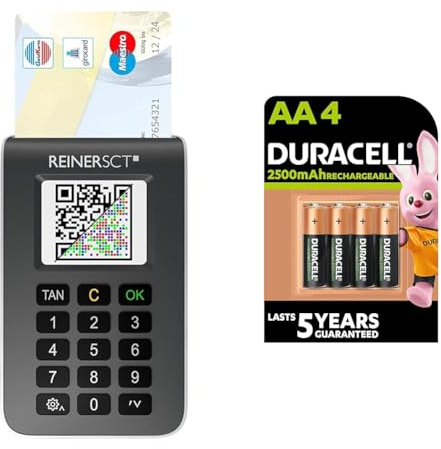 REINER SCT tanJack Photo QR I Chip chipTAN-Tan Generator für Online Banking & Duracell Akku AA, wiederaufladbare Batterien AA, 4 Stück, Unsere Nr. 1 - längste Haltbarkeit pro Aufladung, vorgeladen