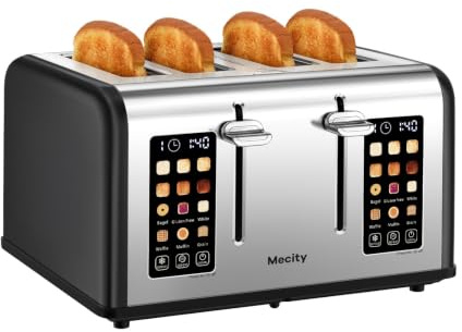 Mecity 4 Slice Toaster with Touch Screen Control, 4 Wide Slots, Stainless Steel Smart Bread Toaster for Bagels, Muffins, Waffles, Dual Control Panel, Timer, Defrost, Reheat, 120V 1650W, Matt Black