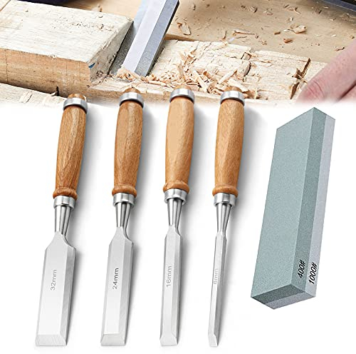 Ensemble de ciseaux à bois pour le travail du bois 4 pièces outils de sculpture sur bois avec lame en acier ensemble de ciseaux à bord biseauté ensemble d'outils à main avec pierre à aiguiser pour l