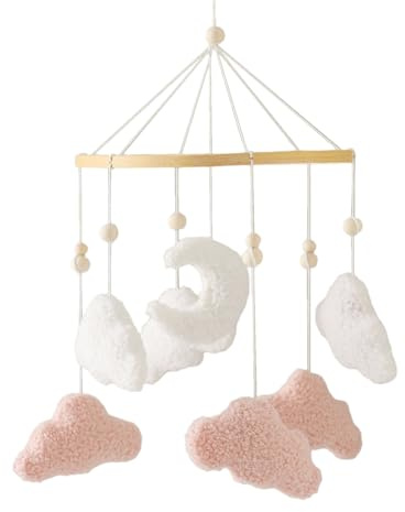Uixxducc Mobile Baby Windspiele, Babybett Mobile Holz mit 3D Wolken Mond, Kinderzimmer Hängende Bettglocke, Neugeborenen Geschenk für Baby Jungen und Mädchen (Rosa)