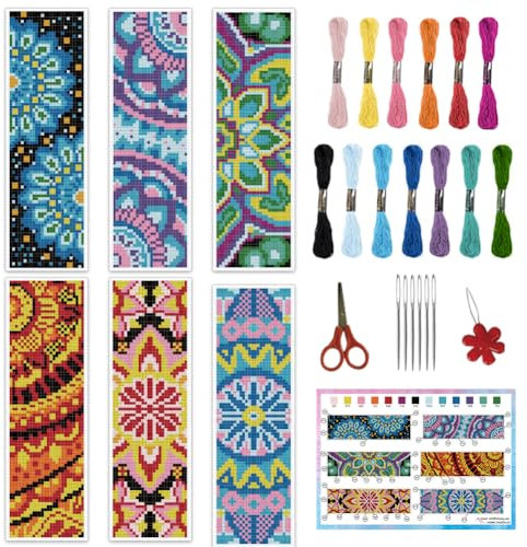 INFUNLY 6 STK Mandala-Kreuzstich-Lesezeichen-Set 8''X2.4'' Lesezeichen Aus Stoff Mit Blumenmuster DIY-Lesezeichen Mit Gestempelter Stickerei Für Anfänger Mit Anleitung Geschenk Für Buchliebhaber Leser