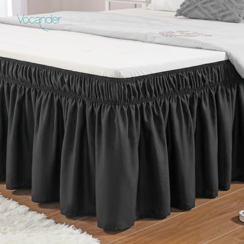 Vocander Cache-sommier noir pour lit double, 38,1 cm de hauteur, facile à enfiler, élastique autour de la poussière, pour cadre de lit et matelas, jupe de lit de luxe pour lit réglable, tissu en