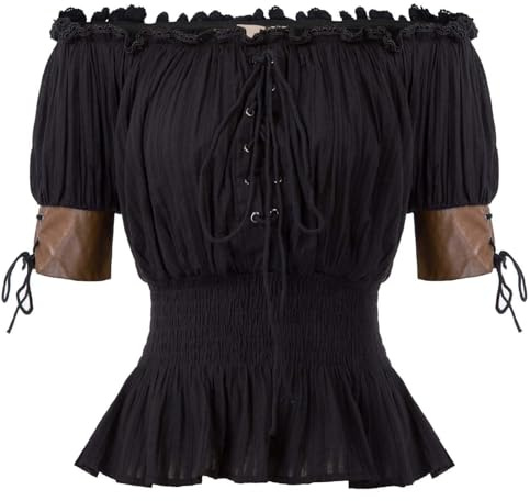 Damen Viktorianische Vintage Bluse Kurzarm Gothic Tops Victorian Schulterfrei Rüschen Off Shoulder Oberteile T-Shirt