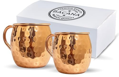 Bacana Moscow Mule Becher aus Kupfer, 473 ml, lebensmittelecht, Premium-Kupferbeschichtung, mit leicht zu haltenden Griffen, perfekt für Cocktails, Partys und Geschenk-Set, 2 Stück
